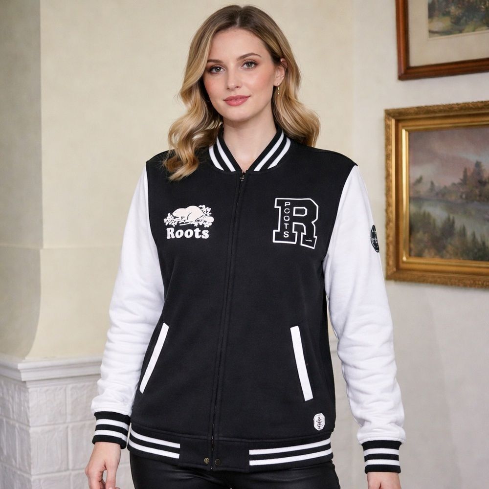 Roots Varsity Jacket Black & White Cotton Jersey Made in Canada